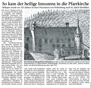 Innozenz kam vor 325 Jahren in die Pfarrkirche Lenggries.